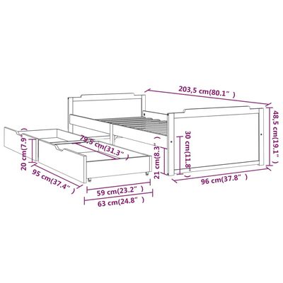 vidaXL Рамка за легло с чекмеджета, тъмносива, бор масив, 90х200 см