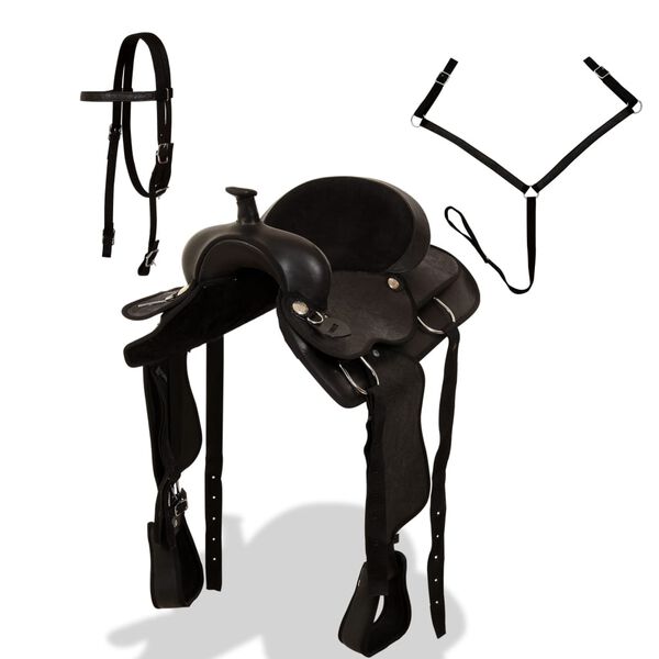 vidaXL Уестърн седло, оглавник и опас, естествена кожа, 15", черно