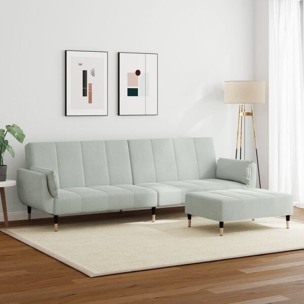 vidaXL 2-местно разтегателно канапе с табуретка, светлосиво, кадифе