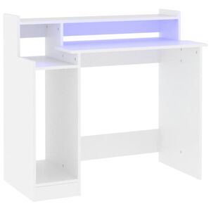 vidaXL Бюро с LED осветление, бяло, 97x45x90 см, инженерно дърво