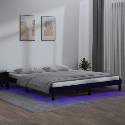 vidaXL LED рамка за легло черно 135x190 см Double масивно дърво