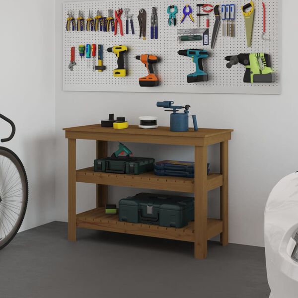 vidaXL Работна маса меденокафява 110,5x50x80 см борово дърво масив