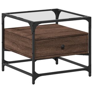 vidaXL Маса за кафе със стъклен плот, кафяв дъб, 50x50x45 см, стомана