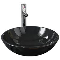 vidaXL Мивка за баня с кранче и сифон, черно закалено стъкло