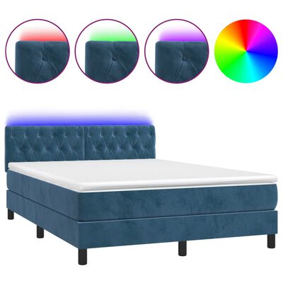 vidaXL Боксспринг легло с матрак и LED, тъмносиньо, 140x200 см, кадифе