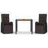 vidaXL Градински трапезен комплект, 3 части, черен, полиратан и акация