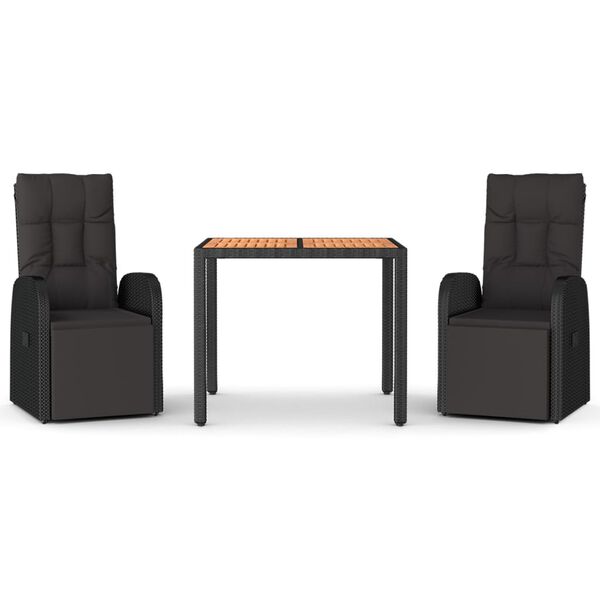 vidaXL Градински трапезен комплект, 3 части, черен, полиратан и акация