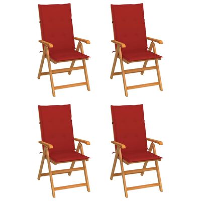 vidaXL Градински столове 4 бр червени възглавници тиково дърво масив