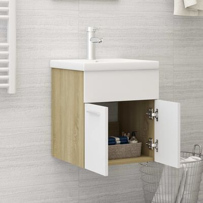 vidaXL Долен шкаф за мивка, бяло и дъб сонома, 41x38,5x46 см, ПДЧ
