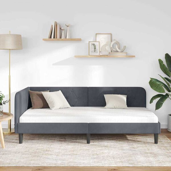 vidaXL Ъглова рамка за легло с таблото Тъмен сив 90 x 200 cm Кадифе