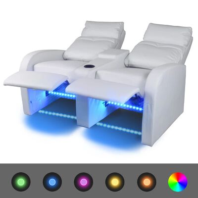 vidaXL LED диван реклайнер, 2-местен, изкуствена кожа, бял