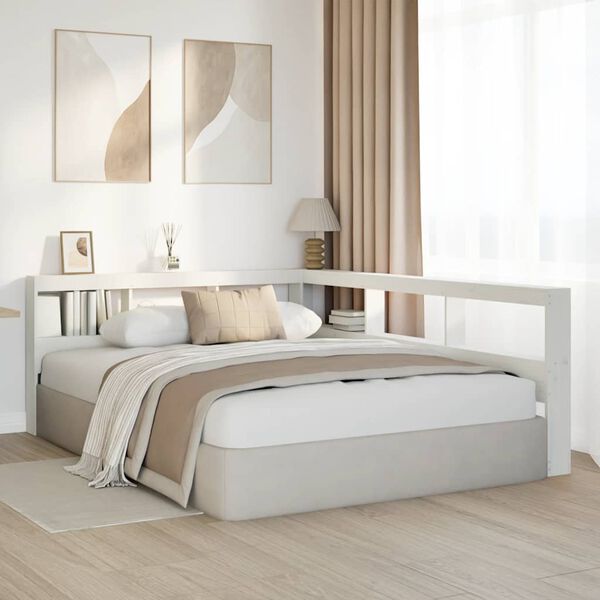 vidaXL Табла за книги с L-образна, бяла, 140 см, масивно дърво бор