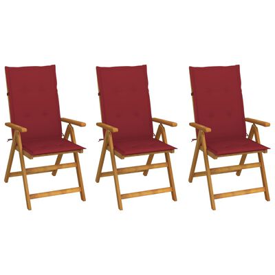 vidaXL Сгъваеми градински столове с възглавници, 3 бр, акация масив