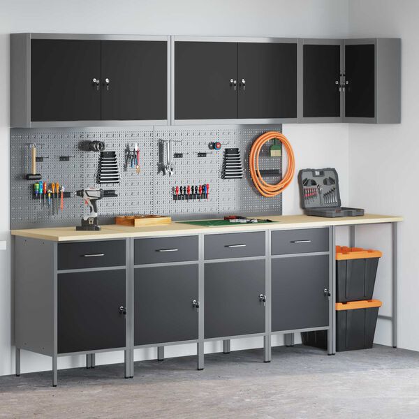 vidaXL Комплект работни шкафове с чекмедже с рафт 12 pcs Черен и Сив