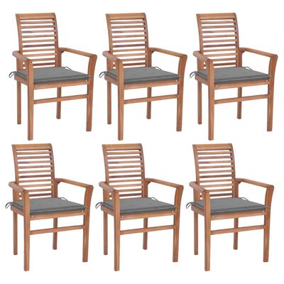 vidaXL Трапезни столове 6 бр със сиви възглавници тик масив