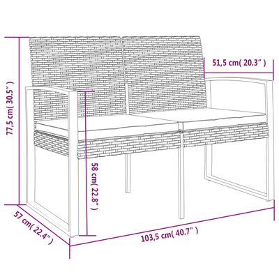 vidaXL 2-местна градинска пейка с възглавници, кафява, PP ратан