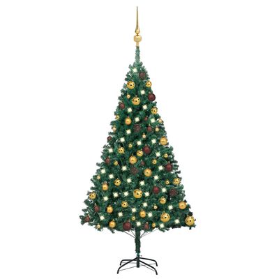 vidaXL Изкуствена осветена коледна елха с топки зелена 120 см PVC