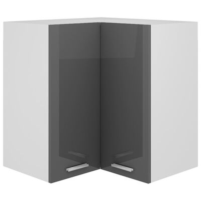 vidaXL Висящ ъглов шкаф, сив гланц, 57x57x60 см, ПДЧ