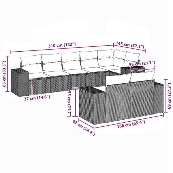 vidaXL Градински комплект диван с възглавници 8 части черен полиратан