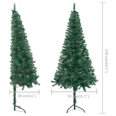 vidaXL Ъглова изкуствена осветена коледна елха, зелена, 150 см, PVC
