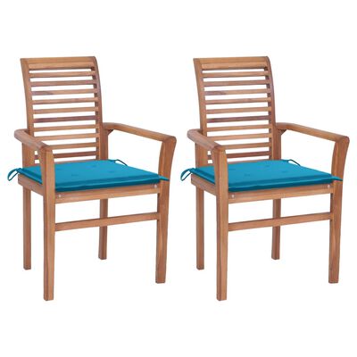 vidaXL Трапезни столове 2 бр със сини възглавници тиково дърво масив