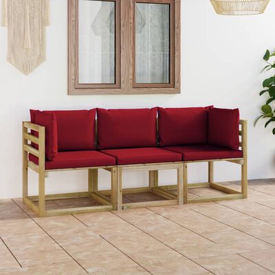 vidaXL 3-местен градински диван с виненочервени възглавници