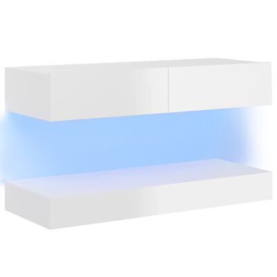 vidaXL ТВ шкаф с LED осветление, бял гланц, 90x35 см