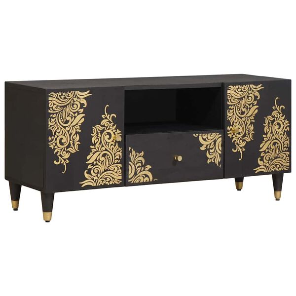 vidaXL ТВ шкаф с чекмедже Черно 105 x 33 x 46 см Солидно мангово дърво
