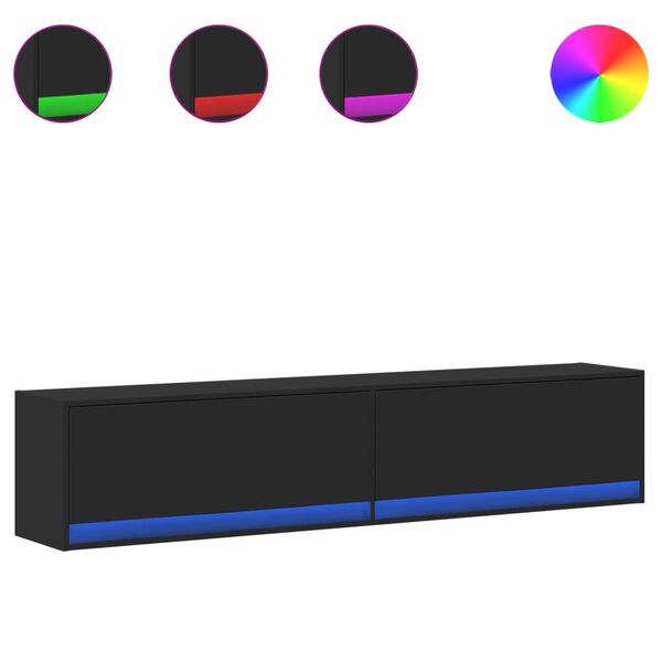 vidaXL Стенен ТВ шкаф с LED, черен, 180x31x38 см