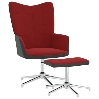 vidaXL Релаксиращ стол с табуретка, виненочервен, кадифе и PVC