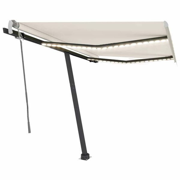vidaXL Ръчно прибиращ се сенник с LED, 350x250 см, кремав