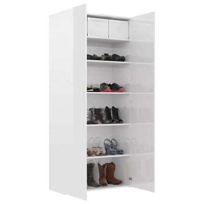 vidaXL Шкаф за обувки, бял гланц, 80x35,5x180 см, ПДЧ