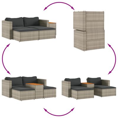 vidaXL Градински диван с възглавници, 5 части, сив полиратан акация