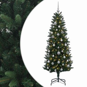 vidaXL Изкуствена коледна елха с топки 120 см 150 LED светодиода