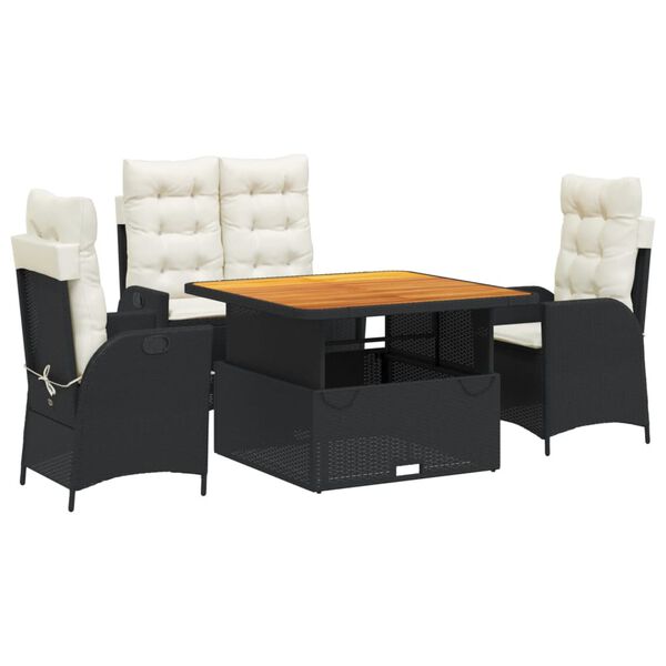 vidaXL Градински трапезен комплект възглавници 4 части черен полиратан