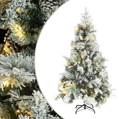 vidaXL Осветена коледна елха с флокиран сняг и шишарки 195 см PVC и PE