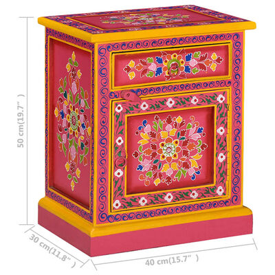 vidaXL Нощно шкафче, мангово дърво масив, розово, ръчно рисувано