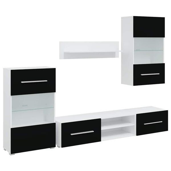 vidaXL 5 броя ТВ шкафове с LED осветление Матово черно инженерно дърво