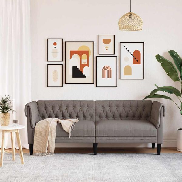 vidaXL Честърфийлд диван, 3-местен, таупе, текстил