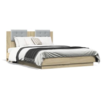 vidaXL Рамка за легло с табла и LED осветление, дъб сонома, 135x190 см