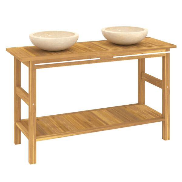 vidaXL Шкаф за баня с кремави мраморни мивки, тиково дърво масив