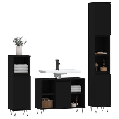 vidaXL Комплект мебели за баня от 3 части, черен, инженерно дърво
