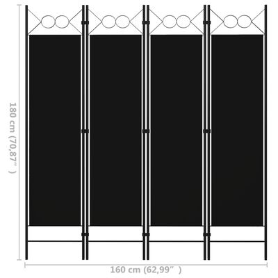 vidaXL Параван за стая, 4 панела, черен, 160x180 см