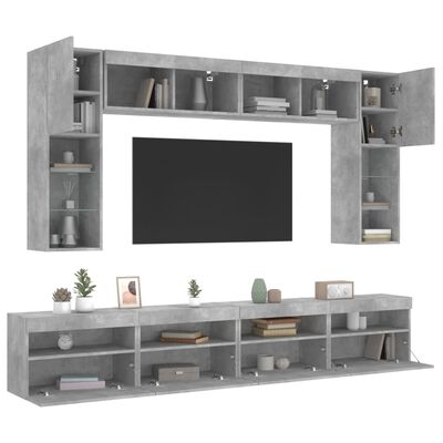vidaXL ТВ стенни шкафове, 8 части, с LED светлини, бетонно сиви