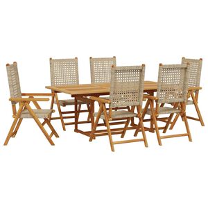 vidaXL Градински трапезен комплект, 7 части, бежов, полиратан и масив