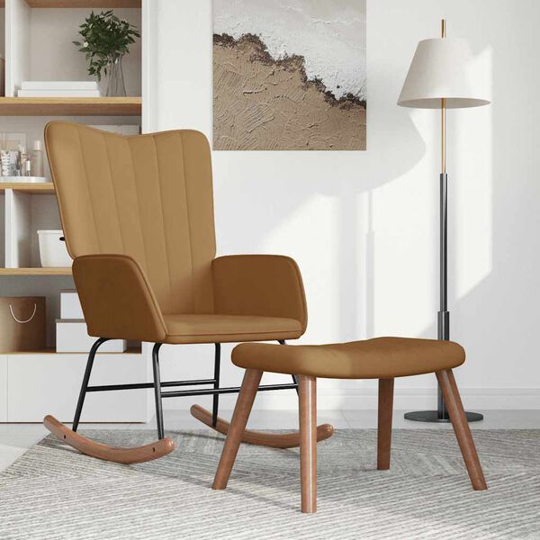 vidaXL Люлеещ се стол с табуретка, кафяв, кадифе