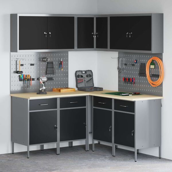 vidaXL Комплект работни шкафове с чекмедже с рафт 12 pcs Черен и Сив