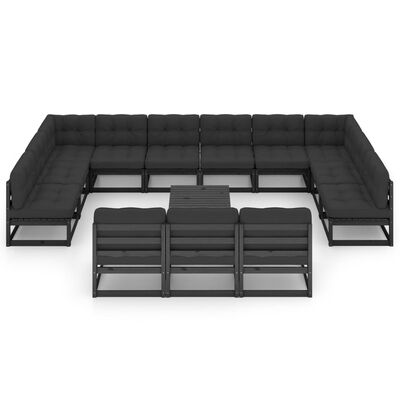 vidaXL Градински комплект от 14 части, с възглавници, черен, бор масив