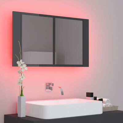 vidaXL Шкаф с LED огледало за баня, сив гланц, 80x12x45 см, акрил