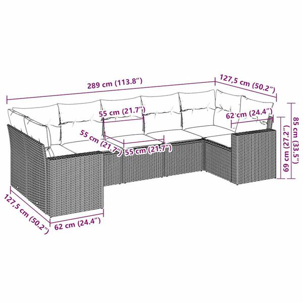 vidaXL Градински комплект с възглавници, 7 части, кафяв, полиратан